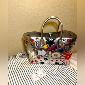 Anya Hindmarch silver metallic 100% leather Sticker tote bag